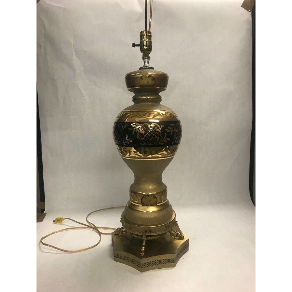 Benko Table Lamp brass base black gold glass Dolphins hand made WORKS no shade